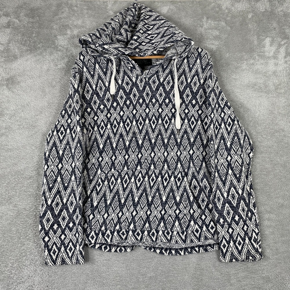 American Eagle Hoodie Mens Medium Blue Geometric Knit Baja Pullover Sweater‎
